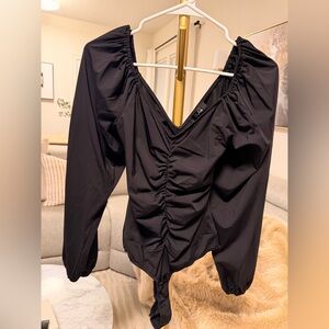 Black Ruched Long Sleeve Thong Bodysuit